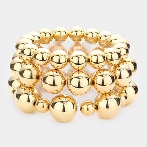 Gold Metal Ball Strand 3 pcs Stacked Stretch Bracelets Statement Accessory